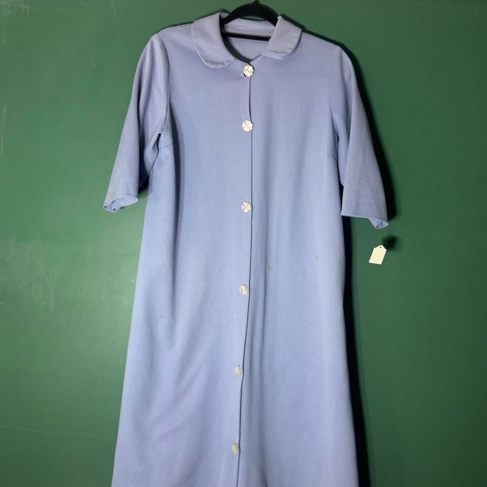 Vintage 1960s Periwinkle Handmade Housecoat Wool Linen Blend Peter Pan Collar M